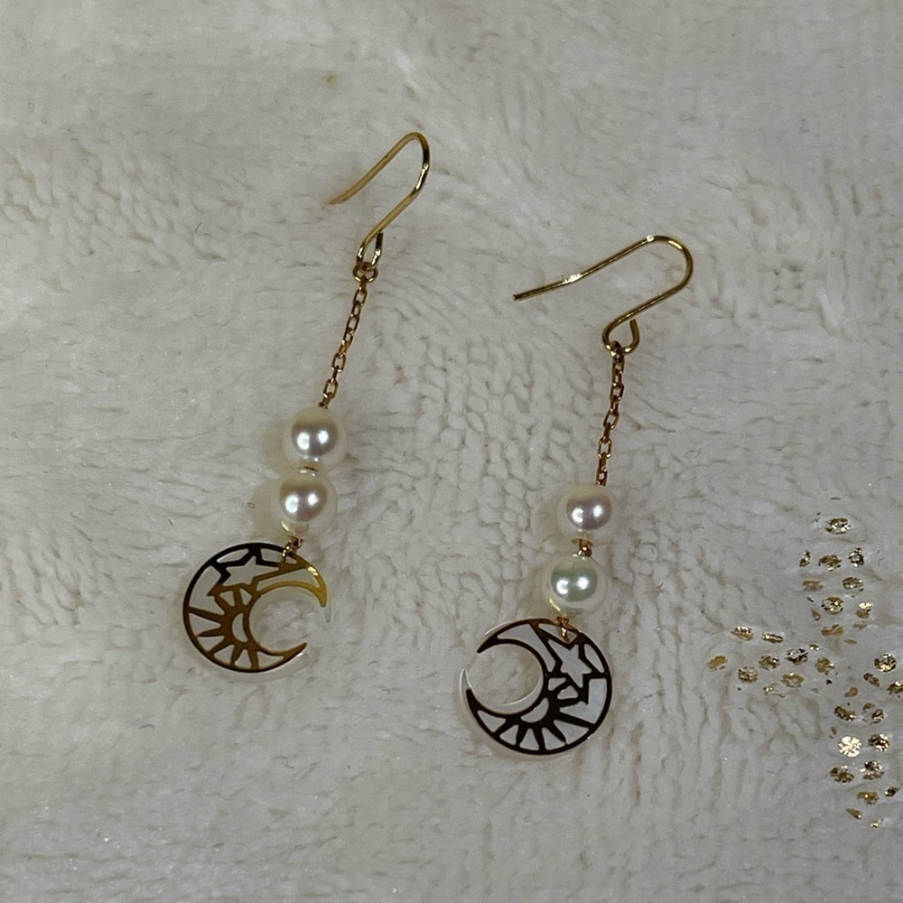 14k japan yellow gold dangling earrings with fresh water pearl - Picture 6 of 11